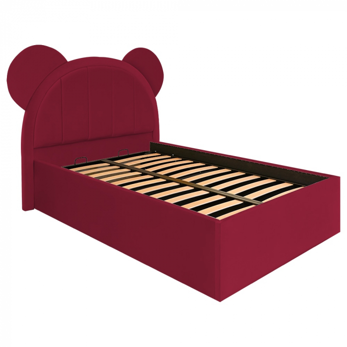 Pat pentru copii tapitat Mickey 140/200 cm, visiniu  cu somiera metalica rabatabila si spatiu de depozitare [3]