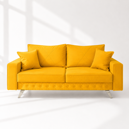 Canapele - Canapea Alisson catifea v48 galben mustar, extensibila cu lada de depozitare si picioare argintii, 230x105x80