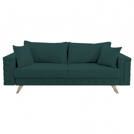 Canapea extensibila Omega, cu lada de depozitare si picioare argintii, stofa p39 verde, 230x105x80