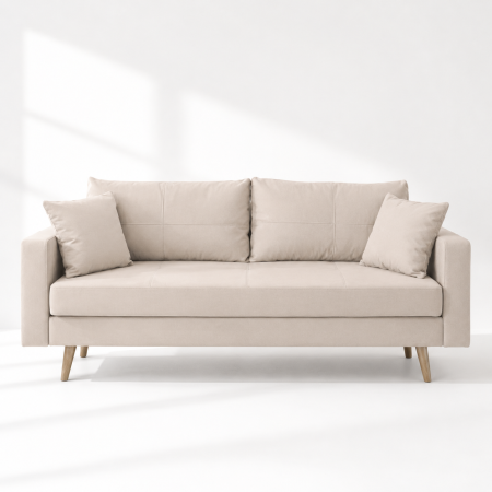 Canapele - Canapea Sofia catifea v08 crem, extensibila cu lada de depozitare si picioare de lemn, 220x90x80
