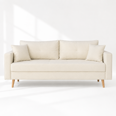 Canapele - Canapea Sofia stofa p04 alb, extensibila cu lada de depozitare si picioare de lemn, 220x90x80