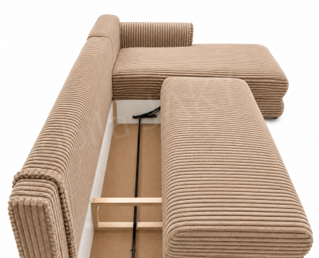 Coltar extensibil LINEA MINI dreapta, cu lada de depozitare, 285*160*100 cm, stofă raiată pufoasă cappuccino [1]