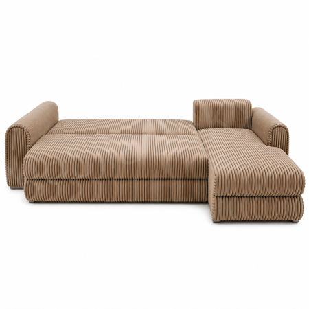 Coltar extensibil LINEA MINI dreapta, cu lada de depozitare, 285*160*100 cm, stofă raiată pufoasă cappuccino [2]