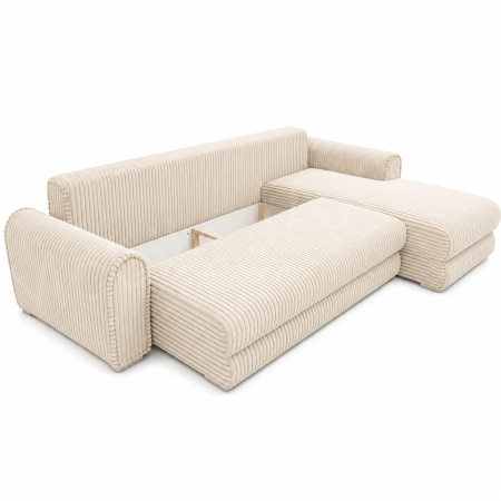 Coltar extensibil LINEA MINI dreapta, cu lada de depozitare, 285*160*100 cm, stofă raiată pufoasă  crem [3]