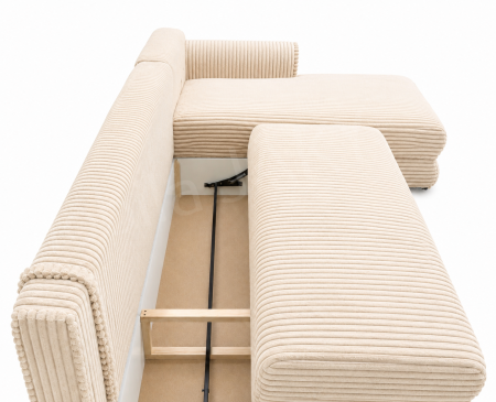 Coltar extensibil LINEA MINI dreapta, cu lada de depozitare, 285*160*100 cm, stofă raiată pufoasă  crem [2]