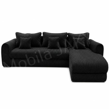 Living - Coltar extensibil LINEA MINI dreapta, cu lada de depozitare, 285*160*100 cm, stofă raiată pufoasă neagra