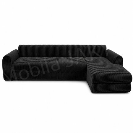 Coltar extensibil LINEA MINI dreapta, cu lada de depozitare, 285*160*100 cm, stofă raiată pufoasă neagra [1]