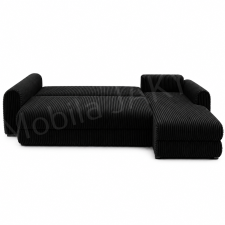 Coltar extensibil LINEA MINI dreapta, cu lada de depozitare, 285*160*100 cm, stofă raiată pufoasă neagra [3]