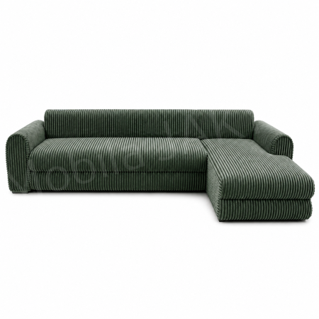 Coltar extensibil LINEA MINI dreapta, cu lada de depozitare, 285*160*100 cm, stofă raiată pufoasă verde [1]
