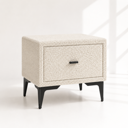 Mobilier dormitor - Noptiera tapitata boucle crem02, cu picioare negre, 40cm*45cm*36cm