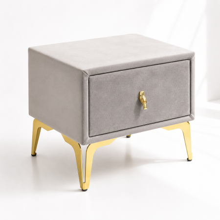 Mobilier dormitor - Noptiera tapitata gri deschis, cu picioare aurii