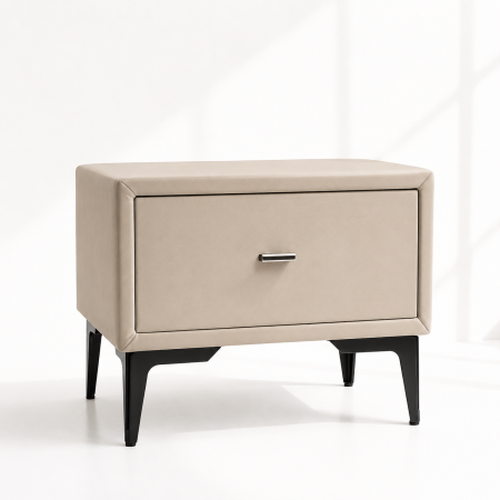 Mobilier dormitor - Noptiera tapitata crem, cu picioare negre, 40cm*45cm*36cm