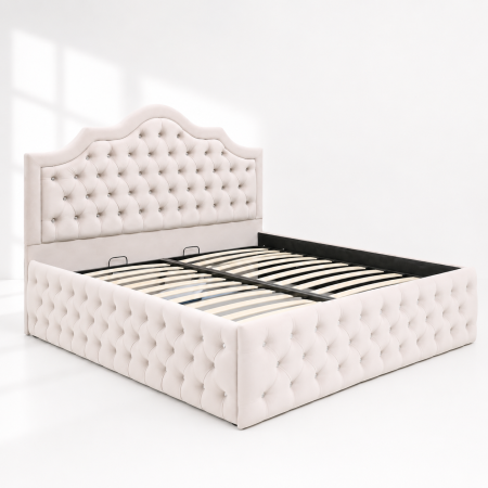 Paturi tapițate - Pat dublu tapitat Colorado Deluxe cu nasturi sticla, 160/200 cm, culoare crem, cu somiera metalica rabatabila si spatiu de depozitare