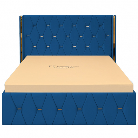 Paturi Moderne - Pat dublu tapitat Diamond 160/200 cm, culoarea albastru cu detalii aurii, somiera metalica rabatabila si spatiu de depozitare
