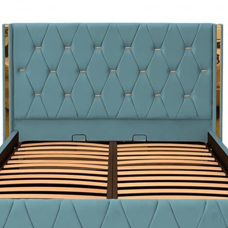 Pat dublu tapitat Diamond 160/200 cm, culoarea verde-marin cu detalii aurii, somiera metalica rabatabila si spatiu de depozitare [2]
