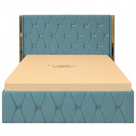 Paturi Moderne - Pat dublu tapitat Diamond 160/200 cm, culoarea verde-marin cu detalii aurii, somiera metalica rabatabila si spatiu de depozitare