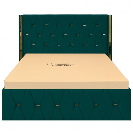 Paturi Moderne - Pat dublu tapitat Diamond 160/200 cm, culoarea verde cu detalii aurii, somiera metalica rabatabila si spatiu de depozitare