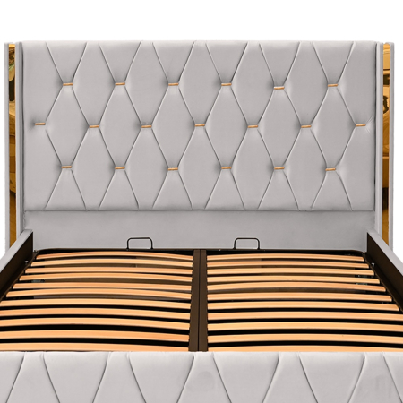 Pat dublu tapitat Diamond 160/200 , culoare crem cu detalii aurii, somiera metalica rabatabila si spatiu de depozitare [4]