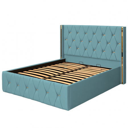 Pat dublu tapitat Diamond 120/200 , culoare verde marin  cu detalii aurii, somiera metalica rabatabila si spatiu de depozitare [3]