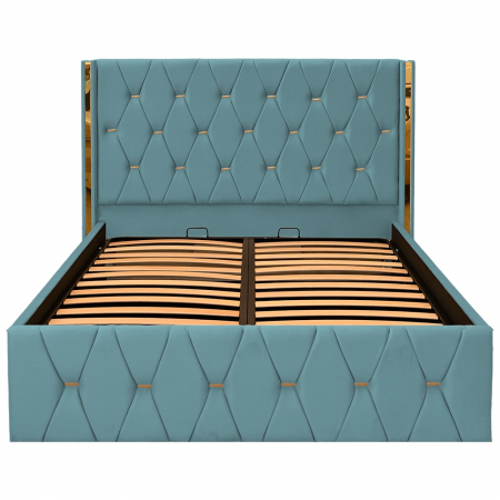 Pat dublu tapitat Diamond 120/200 , culoare verde marin  cu detalii aurii, somiera metalica rabatabila si spatiu de depozitare [1]