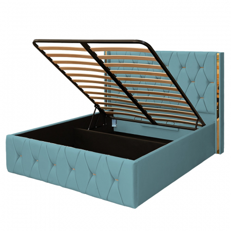 Pat dublu tapitat Diamond 120/200 , culoare verde marin  cu detalii aurii, somiera metalica rabatabila si spatiu de depozitare [4]
