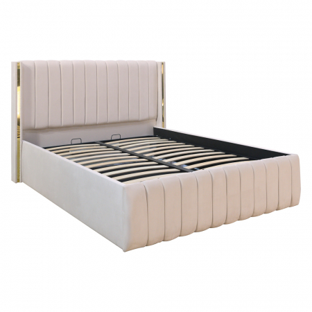 Pat dublu tapitat Georgia, 140/200 cm, crem cu benzi aurii, cu somiera metalica rabatabila si spatiu de depozitare [0]