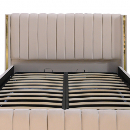 Pat dublu tapitat Georgia, 140/200 cm, crem cu benzi aurii, cu somiera metalica rabatabila si spatiu de depozitare [2]