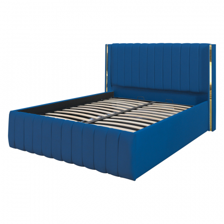 Pat dublu tapitat Georgia, 200/200 cm, albastru cu benzi aurii, cu somiera metalica rabatabila si spatiu de depozitare [3]
