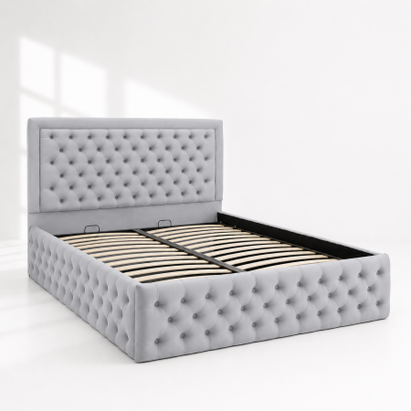 Paturi tapițate - Pat dublu tapitat Louisiana Deluxe 160/200 cm culoare gri deschis cu somiera metalica rabatabila si spatiu de depozitare