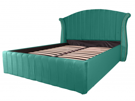 Paturi Moderne - Pat dublu tapitat Miami line 140/200 cm, verde cu detalii aurii, cu somiera metalica rabatabila si spatiu de depozitare