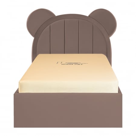 Paturi copii - Pat pentru copii tapitat Mickey 100/200 cm, cappucino cu somiera metalica rabatabila si spatiu de depozitare