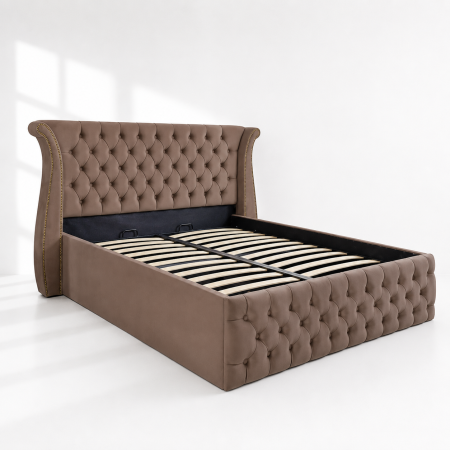 Paturi tapițate - Pat dublu tapitat model Alabama, 160/200 cm, culoare cappuccino, cu somiera metalica rabatabila si spatiu de depozitare