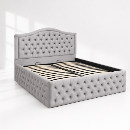 Paturi tapițate - Pat dublu tapitat model Arizona Deluxe 160/200 cm culoare gri deschis cu somiera metalica rabatabila si spatiu de depozitare