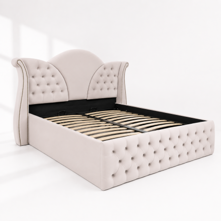 Paturi tapițate - Pat dublu tapitat model Florida 160/200 cm culoare crem cu somiera metalica rabatabila si spatiu de depozitare