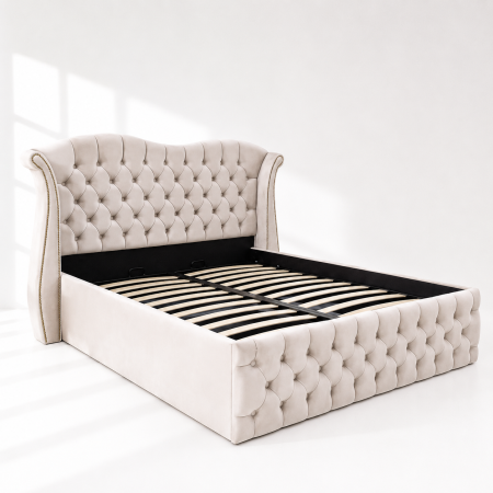 Paturi tapițate - Pat dublu tapitat model Indiana, 160/200 cm, culoare crem, cu somiera metalica rabatabila si spatiu de depozitare