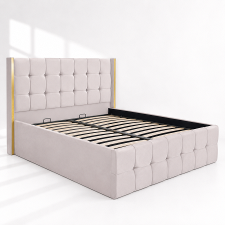 Paturi tapițate - Pat dublu tapitat model Nevada 160/200 cm culoare crem cu somiera metalica rabatabila si spatiu de depozitare