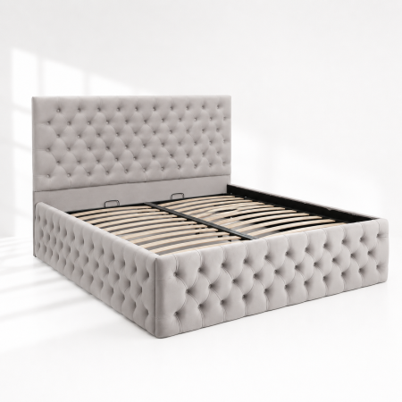Paturi tapițate - Pat dublu tapitat model Texas Deluxe 160/200 cm culoare crem cu somiera metalica rabatabila si spatiu de depozitare