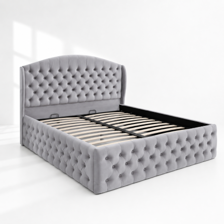 Paturi tapițate - Pat dublu tapitat model Vancouver Deluxe 160/200 cm culoare gri deschis cu somiera metalica rabatabila si spatiu de depozitare