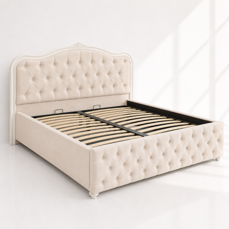 Paturi cu ladă - Pat dublu tapitat Siesta cu picioare, 160/200, crem, cu somiera metalica rabatabila si lada de depozitare