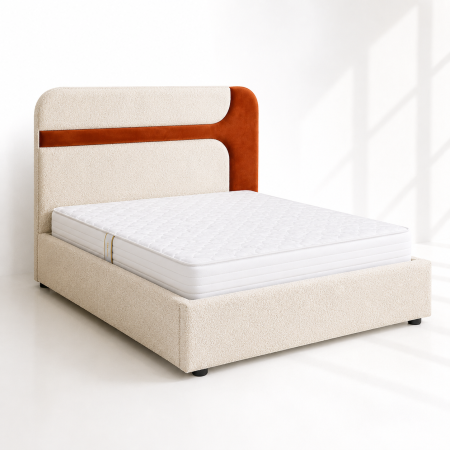 Paturi cu ladă - Pat dublu tapitat Valento 160/200, boucle crem+ catifea caramiziu, cu lada de depozitare si somiera metalica rabatabila