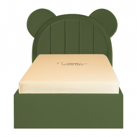 Paturi copii - Pat pentru copii tapitat Mickey 100/200 cm, kaki cu somiera metalica rabatabila si spatiu de depozitare