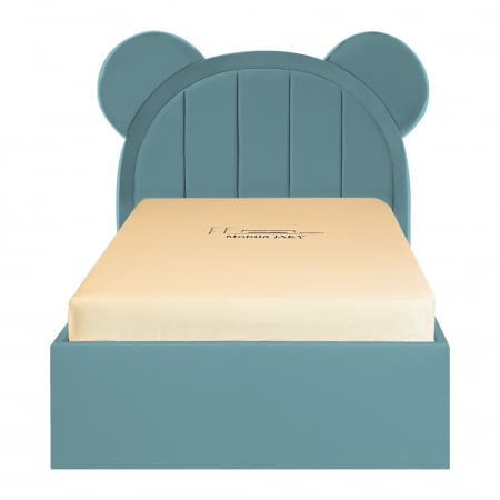 Paturi copii - Pat pentru copii tapitat Mickey 100/200 cm, verde marin cu somiera metalica rabatabila si spatiu de depozitare