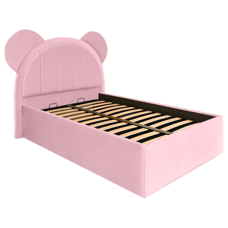 Pat pentru copii tapitat Mickey 120/200 cm, roz cu somiera metalica rabatabila si spatiu de depozitare [3]