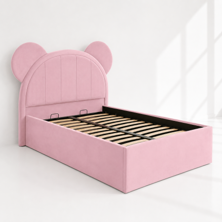 Paturi copii - Pat pentru copii tapitat Mickey 120/200 cm, roz cu somiera metalica rabatabila si spatiu de depozitare