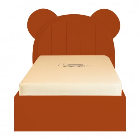 Paturi copii - Pat pentru copii tapitat Mickey 140/200 cm, caramiziu cu somiera metalica rabatabila si spatiu de depozitare