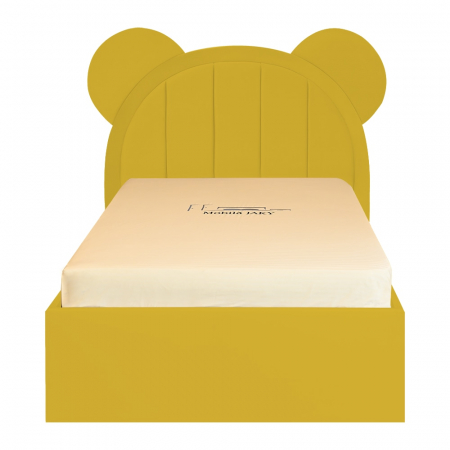 Paturi copii - Pat pentru copii tapitat Mickey 140/200 cm, galben mustar somiera metalica rabatabila si spatiu de depozitare