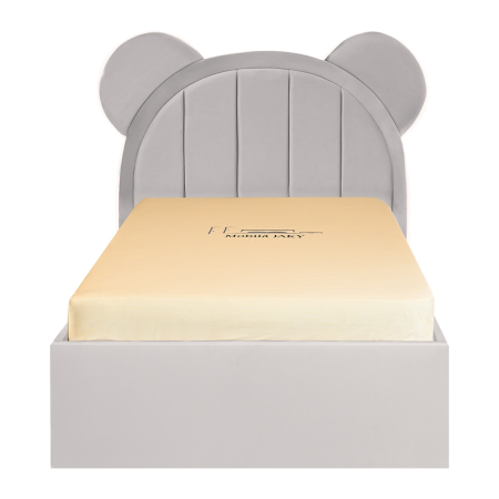 Paturi copii - Pat pentru copii tapitat Mickey 140/200 cm, gri deschis cu somiera metalica rabatabila si spatiu de depozitare