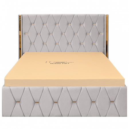 Paturi Moderne - Pat dublu tapitat Diamond 160/200 cm, culoarea crem cu detalii aurii, somiera metalica rabatabila si spatiu de depozitare