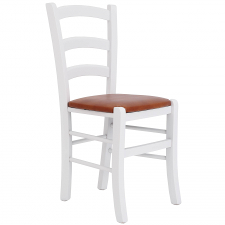 Scaune bucatarie - Scaun Paesana, cadru fag, culoare alb, material piele ecologica cognac
