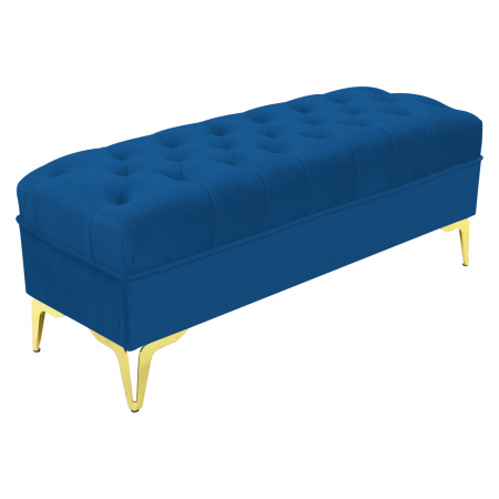 Noptiere - Bancheta tapitata catifea albastru cu picioare aurii, 120*30*55 cm